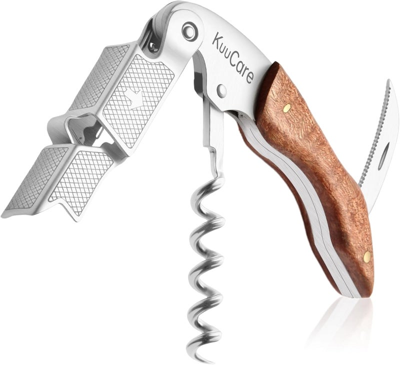 KuuCare Wine Opener Waiter Corkscrew, Premium 420 Stainless Steel Wine Bottle Opener with Foil Cutter & Cap Remover, Double Hinged Manual Wine Key for Bartenders, Servers, Waiters and Home Use, Rosewood - Image 1